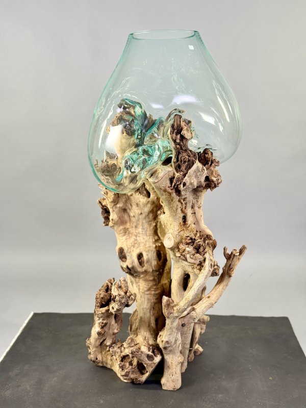 Exkluzivní mísa ze skla a tropického dřeva – výška 105 cm